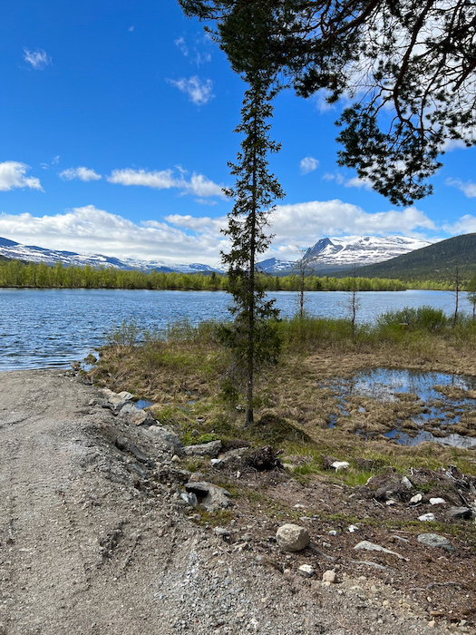 der Fluss fliesst ruhig am Delta, der Ausblick auf die schneebedeckten berge ist herrlich