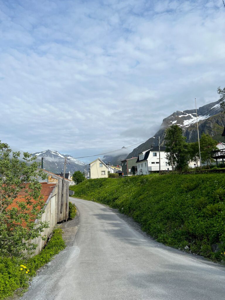 Strasse zu bunten Holzhäusern, hohe Berge im Hintergrund