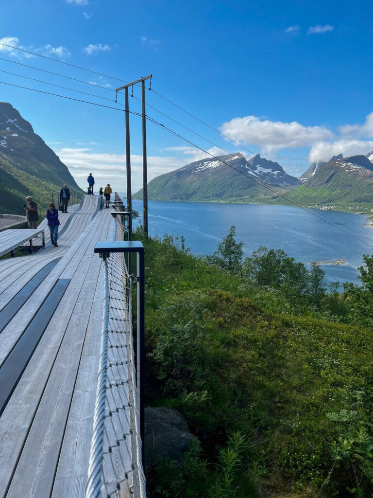 Personen auf Holzkonstruktion, die über den Wald ragt in den Fjord hinein, hohe Berggipfel im Hintergrund