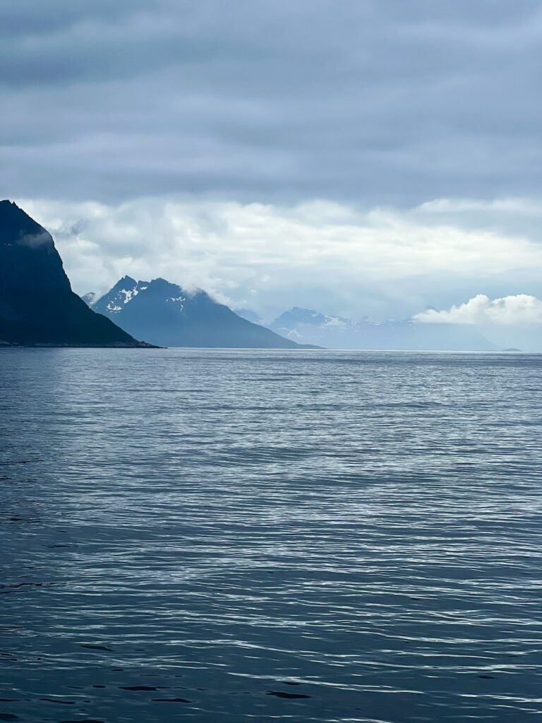 Blick von der Fähre auf Senja, die Berggipfel liegen in den Wolken, das Meer sieht düster aus