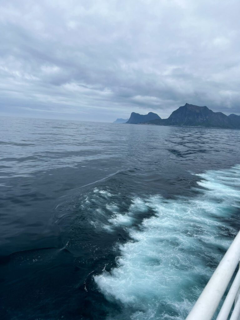 Blick von der Fähre auf Senja, die Berggipfel erscheinen düster unter den Wolken, die Heckwelle der Fähre im Wasser