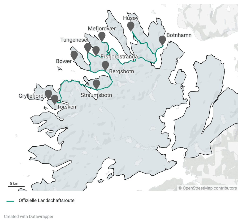 Karte von Senja mit Orten und Landschaftsroute